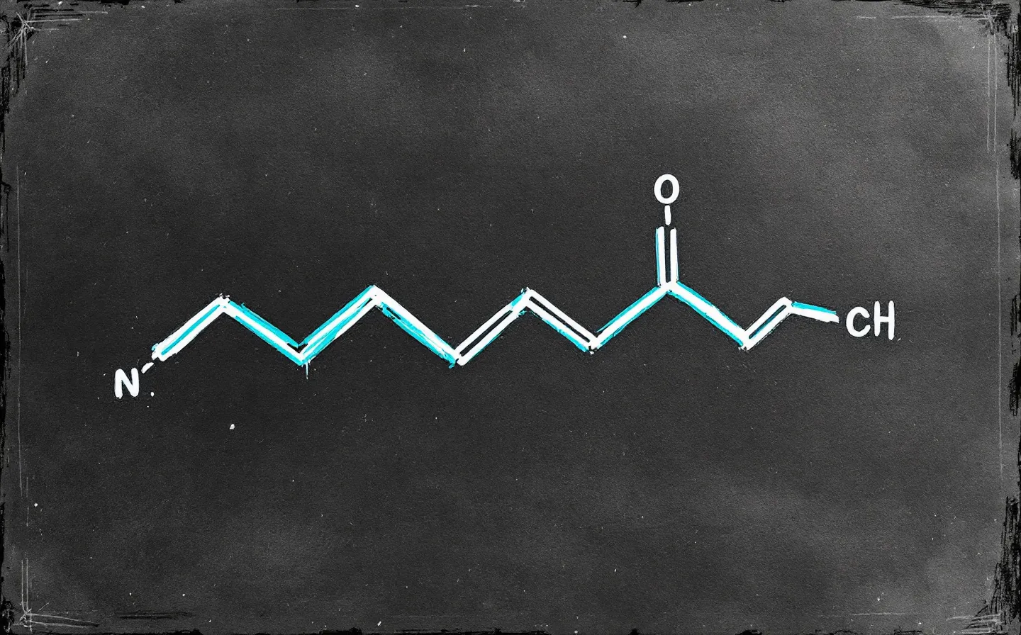 A hand-drawn ink-notebook sketch of an abstract long peptide backbone with a small fatty-acid tail group, in teal and blue ink with annotation ticks, on a deep slate blueprint ground